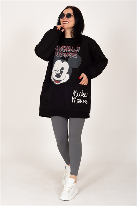 Siyah Bisiklet Yaka On Karakter Bask Detayl Buyuk Cepli Oversize Sweatshirt