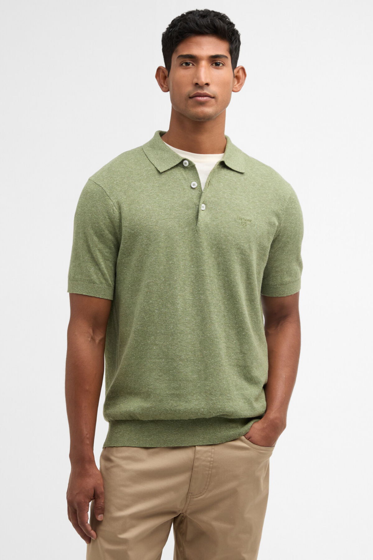Barbour Muston Linen Blend Knitted Polo Yaka GN34 Laurel Green