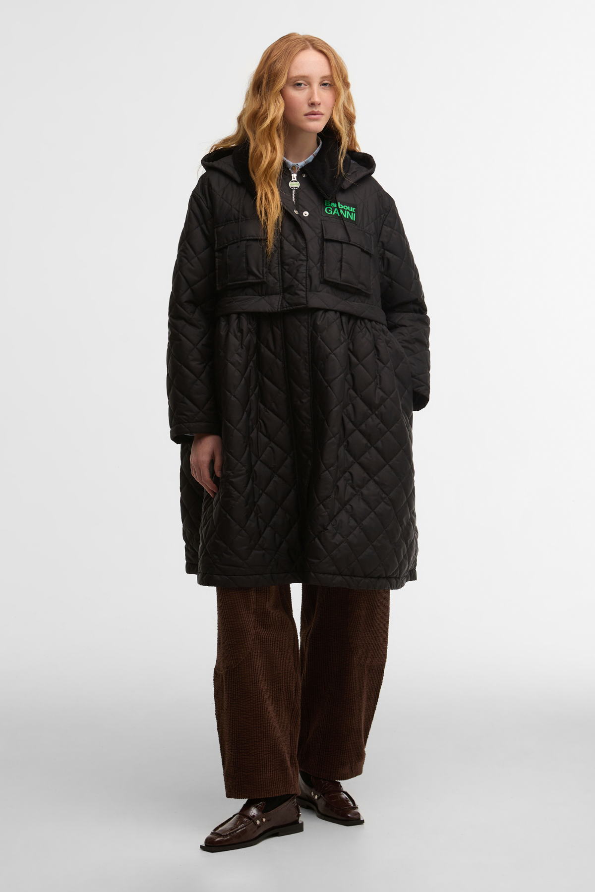 Barbour x Ganni Peplum Kapitone Ceket BK11 Black-Classic Tartan