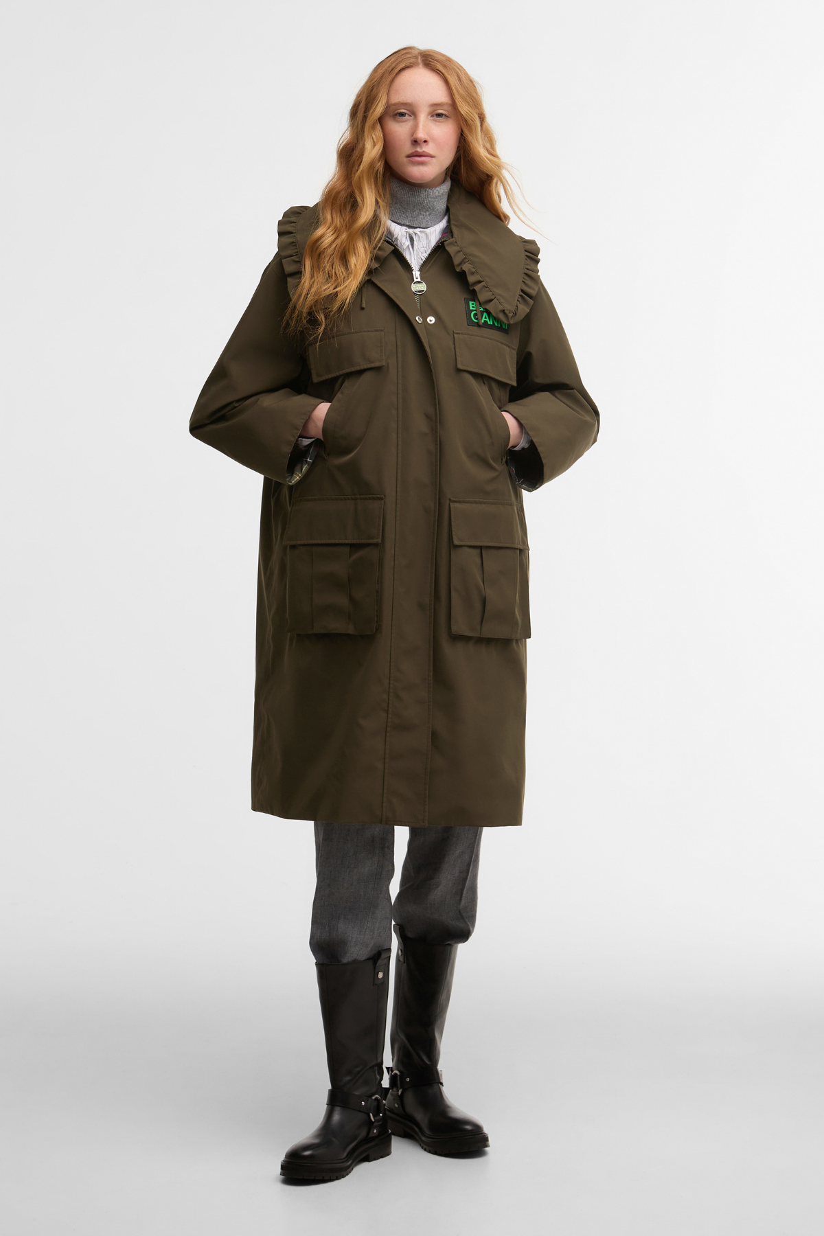 Barbour x Ganni Waterproof Parka Ceket OL91 Olive/Classic Tartan