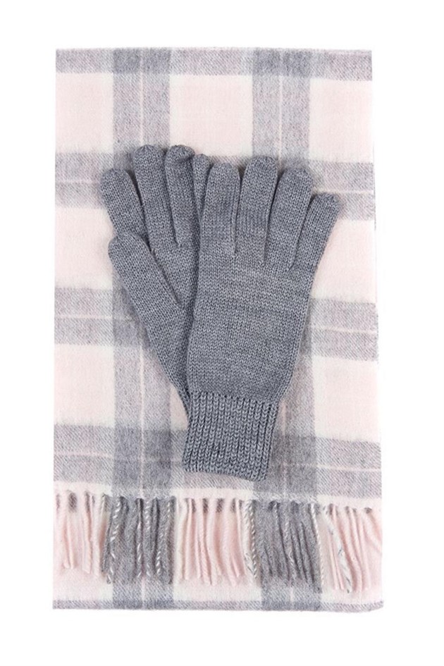 Barbour Wool Tartan Scarf & Glove Set PI11 Pink/Grey