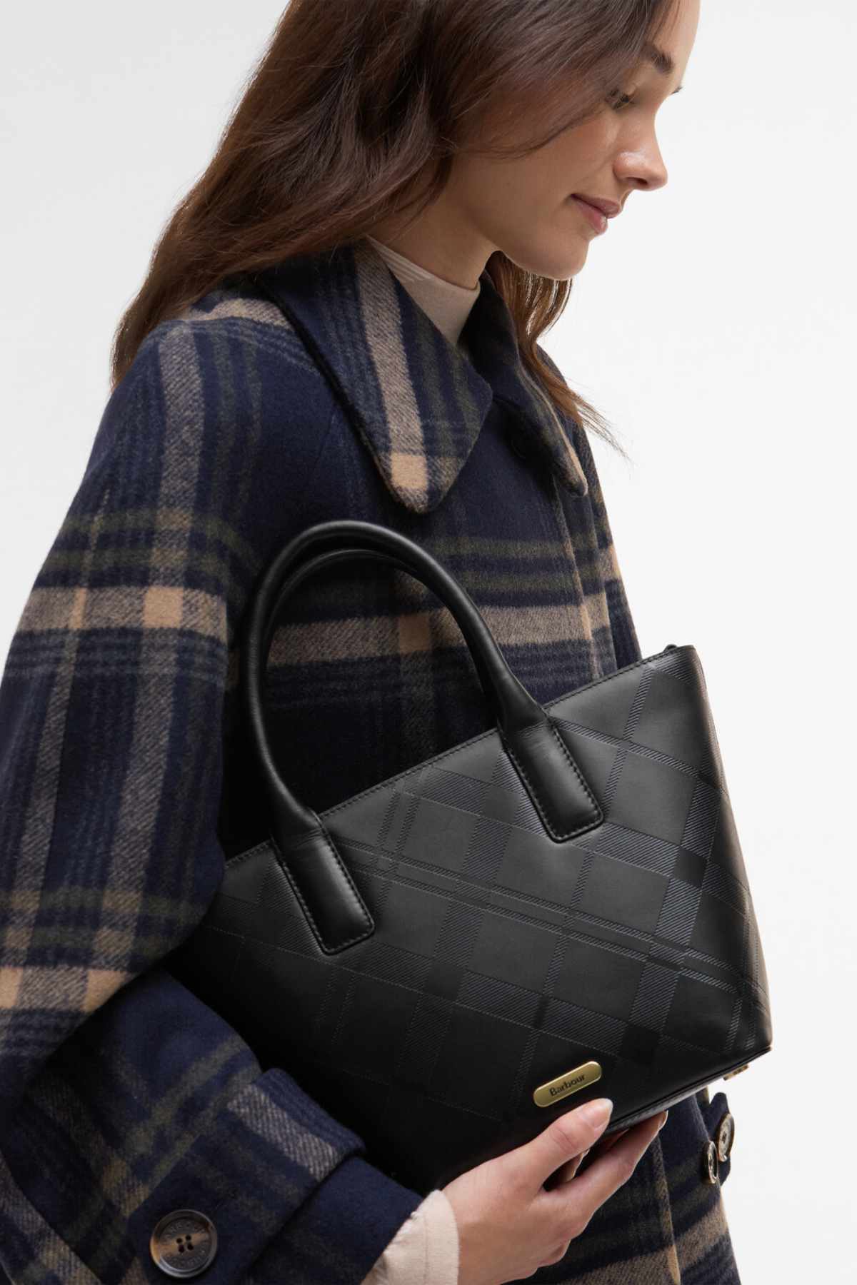 Barbour Birch Deboss Leather Tote Çanta BK11 Black/ Deboss Tartan