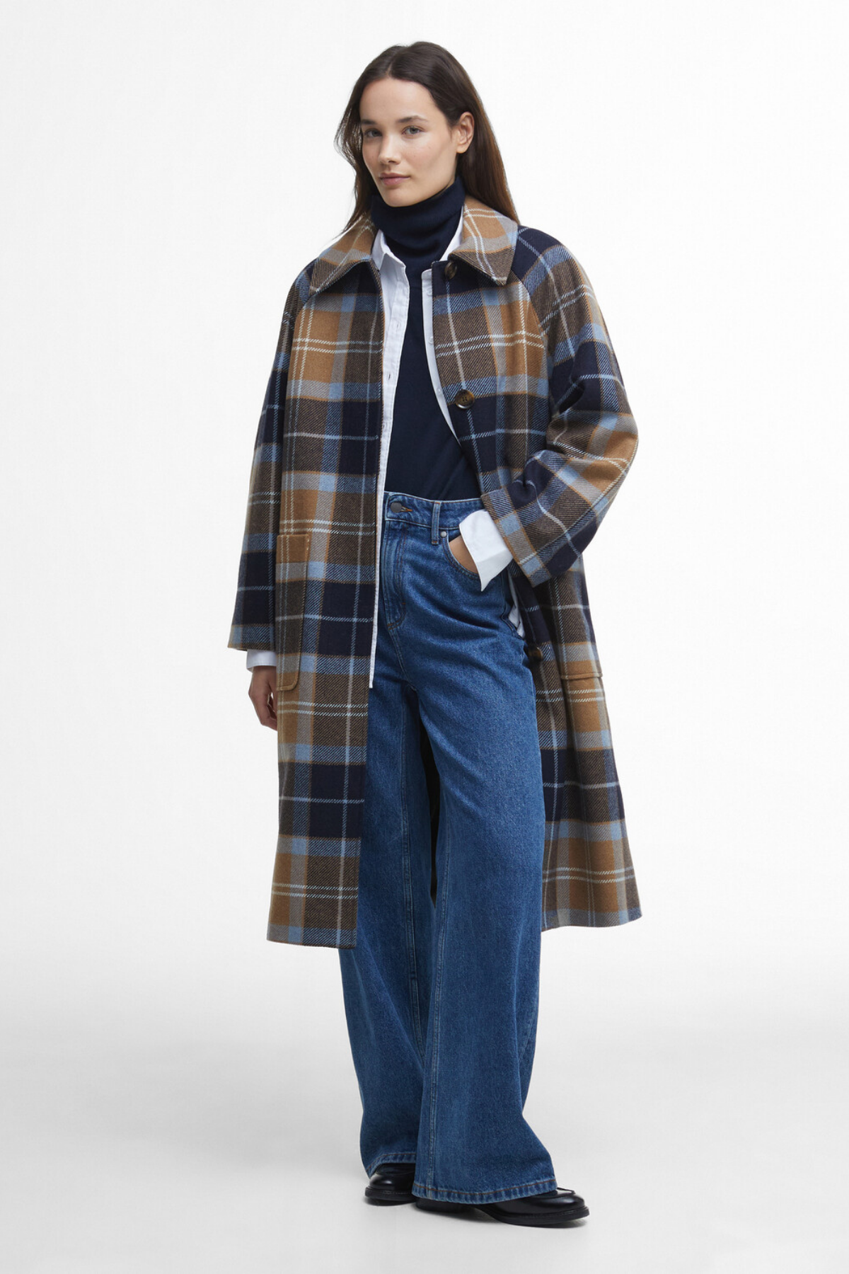 Barbour Kira Tartan Wool Palto BE31 Sky Dress Tartan/Dark Navy