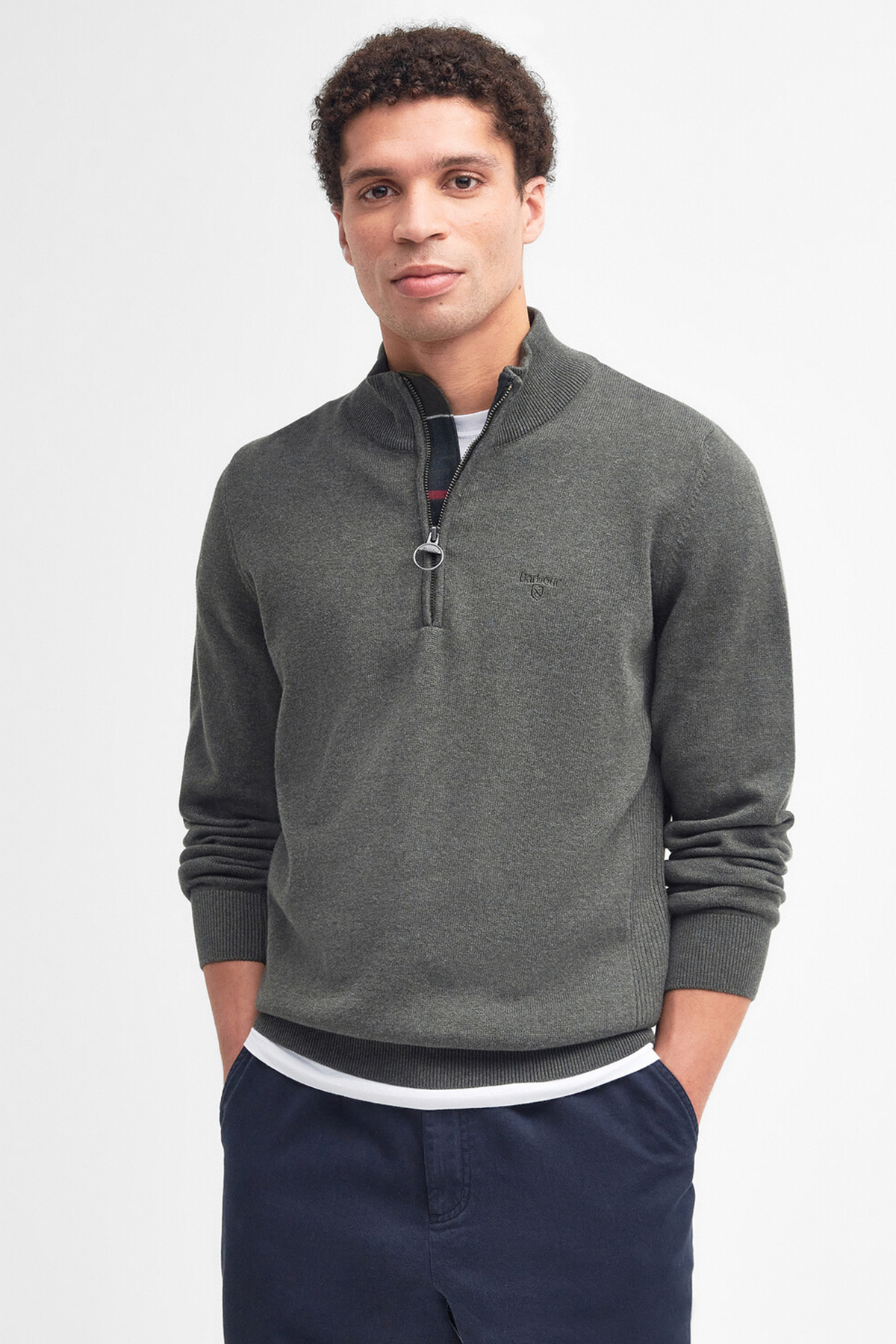 Barbour Pima Cotton Yarım Fermuarlı Kazak OL91 Olıve Marl