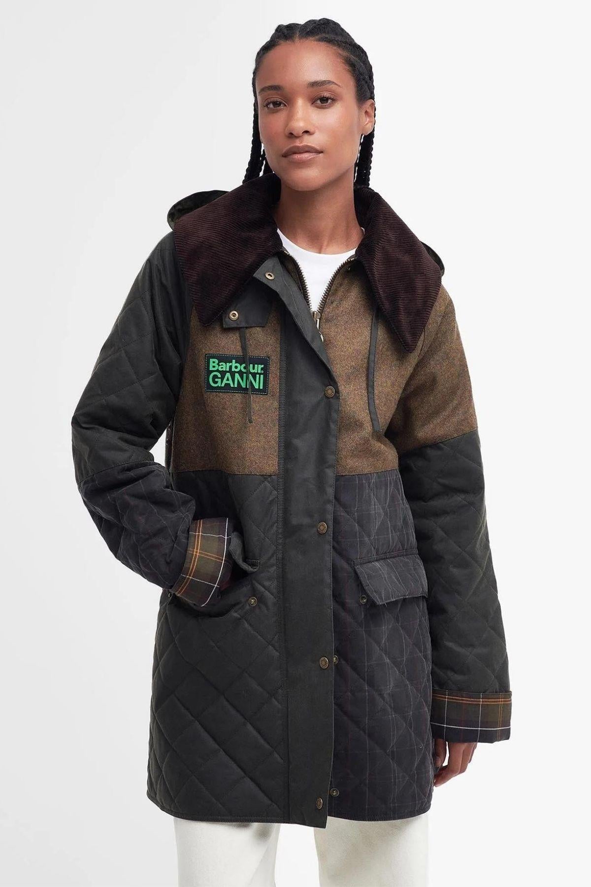 Barbour x GANNI Burghley Kapitone Yağlı Ceket OL51 Archive Olive/Tan/Olive