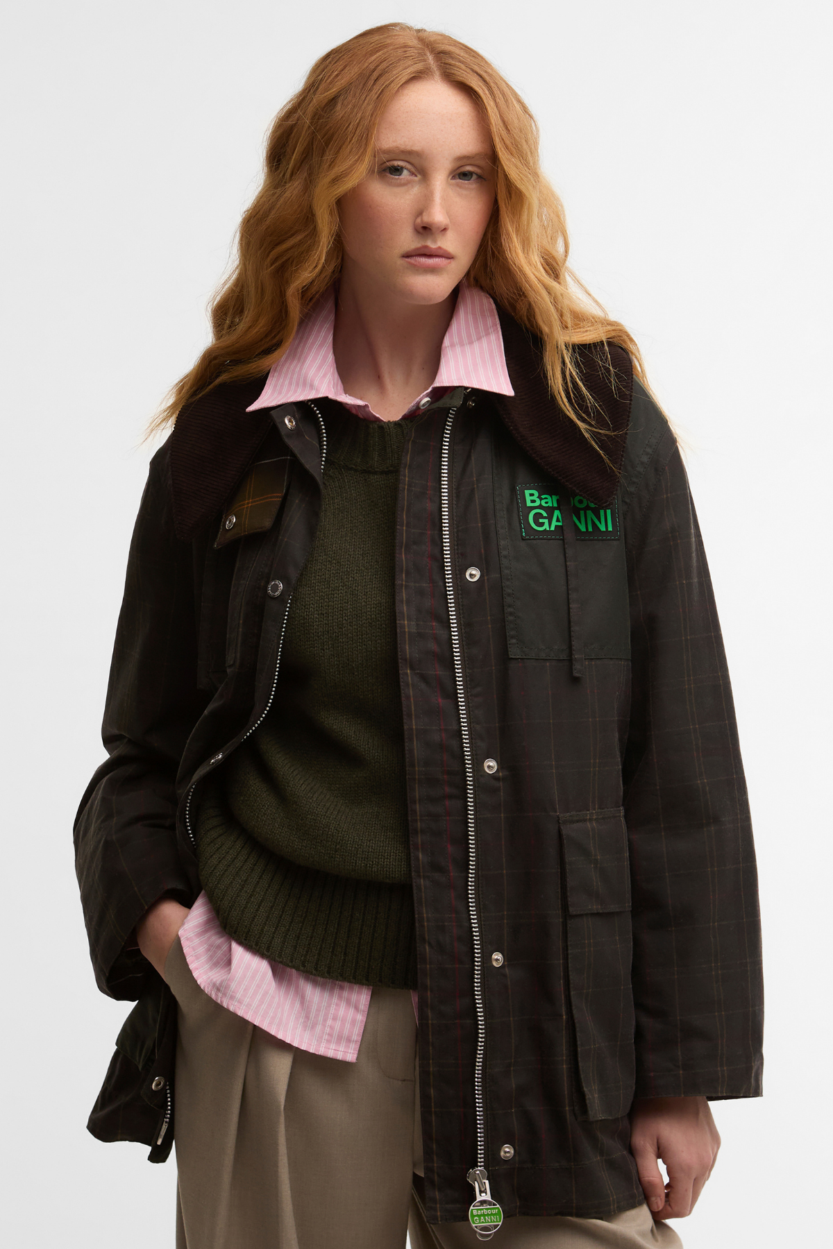 Barbour x Ganni Hooded Tartan Duffle Yağlı Ceket TN11 Classic Tartan/Fern