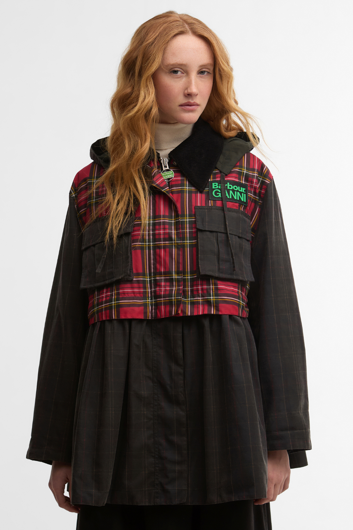 Barbour x Ganni Tartan Peplum Yağlı Ceket TN11 Classic/Royal Stewart/Charcoal/Classic Tartan