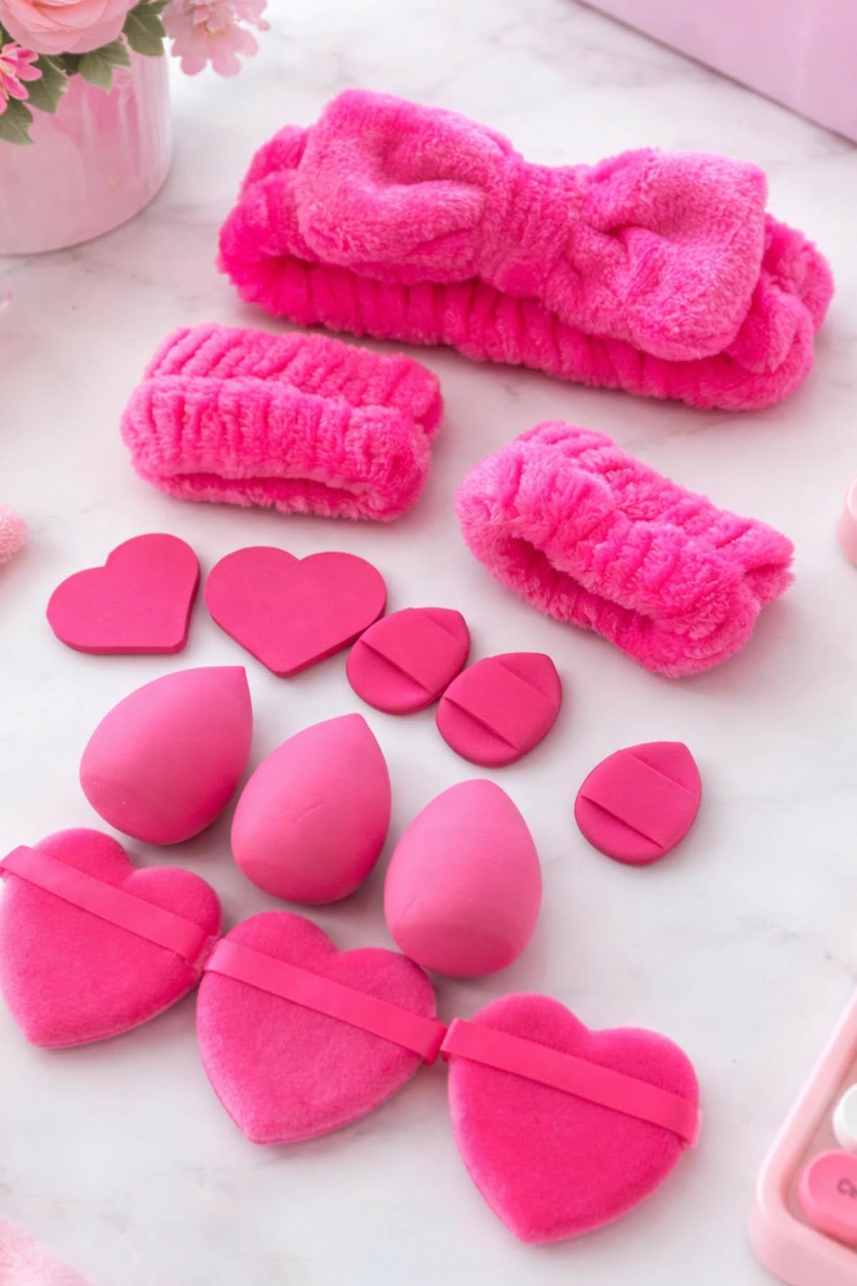 Fuşya Renk Kurdele Figürlü Su Emici Havlu Bileklik/Saç Bandı/Makyaj Süngeri Set