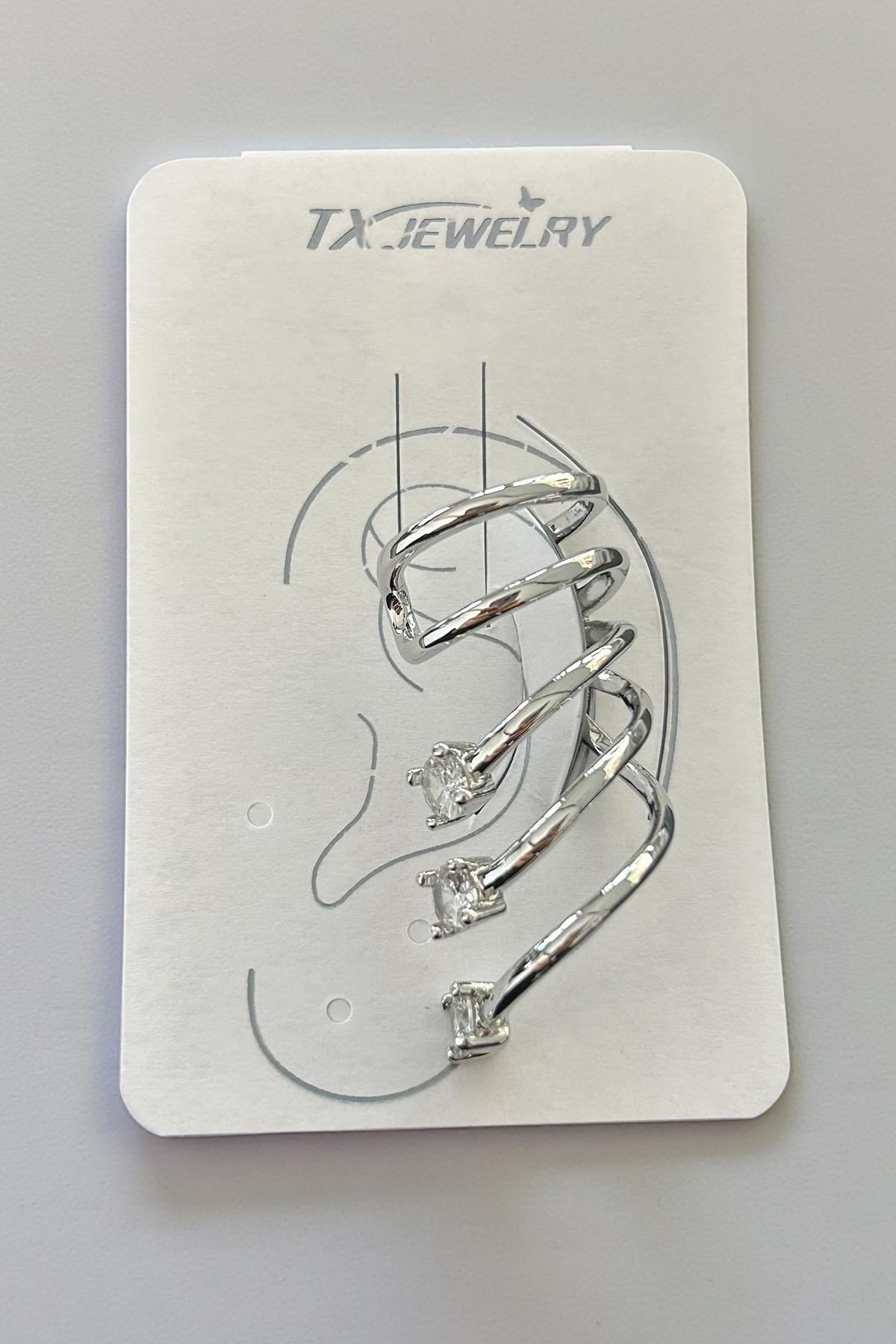 Gümüş Renk Taş Detaylı 14K Altın Kaplama TX Ear Cuff (Tek)