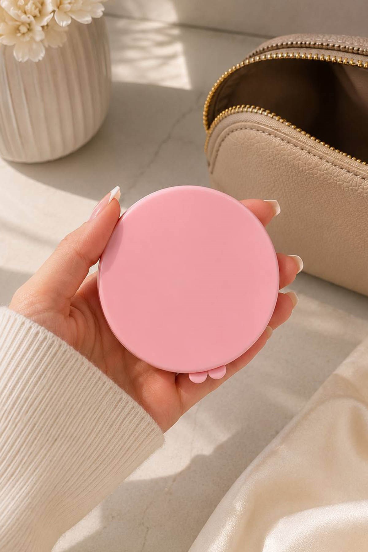Pembe Renk Işıklı Makyaj Aynası/ Cep Ayna