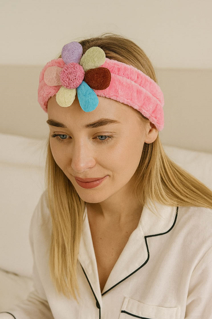 Fuşya Renk Çiçek Figürlü Peluş Saç Bandı