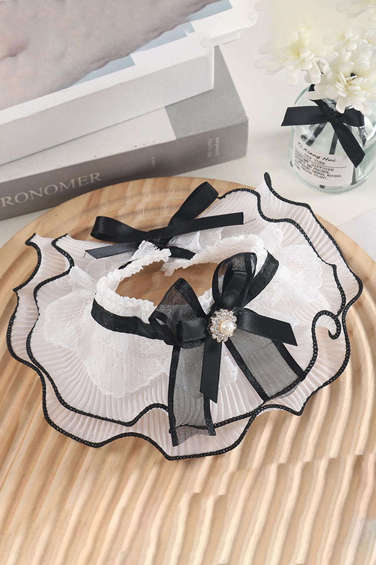 Beyaz Renk Kurdele Figürlü Tül Detaylı Ayarlanabilir  Kedi/ Köpek Tasması