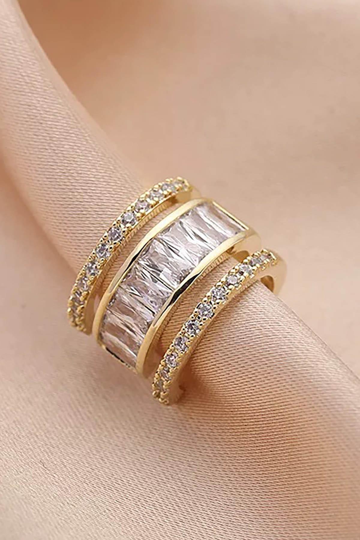 Altın Renk Taş Detaylı 14K Altın Kaplama TX Ear Cuff (Tek)