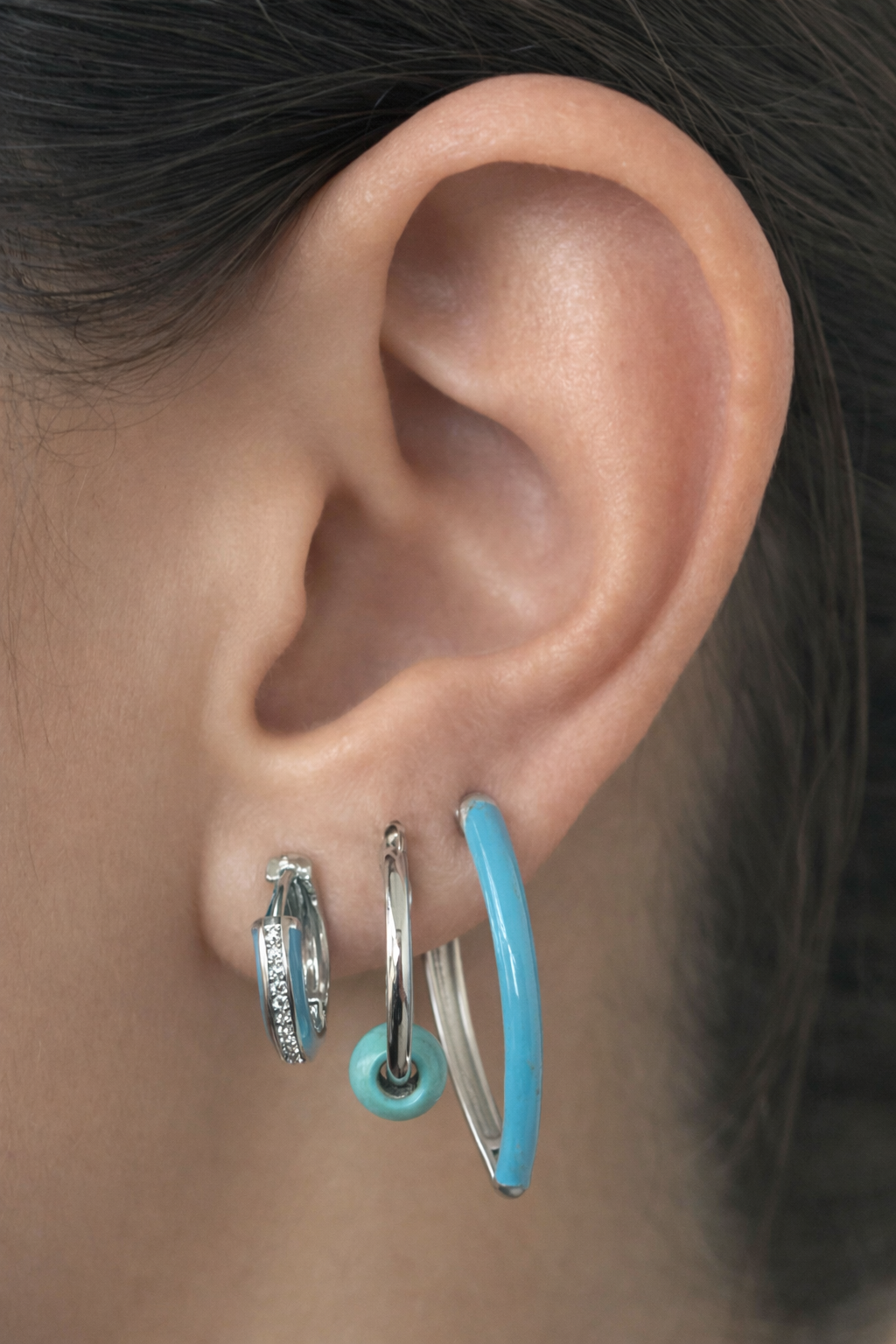 3lü Gümüş Renk Mavi Taş Detaylı 14K Altın Kaplama TX Küpe