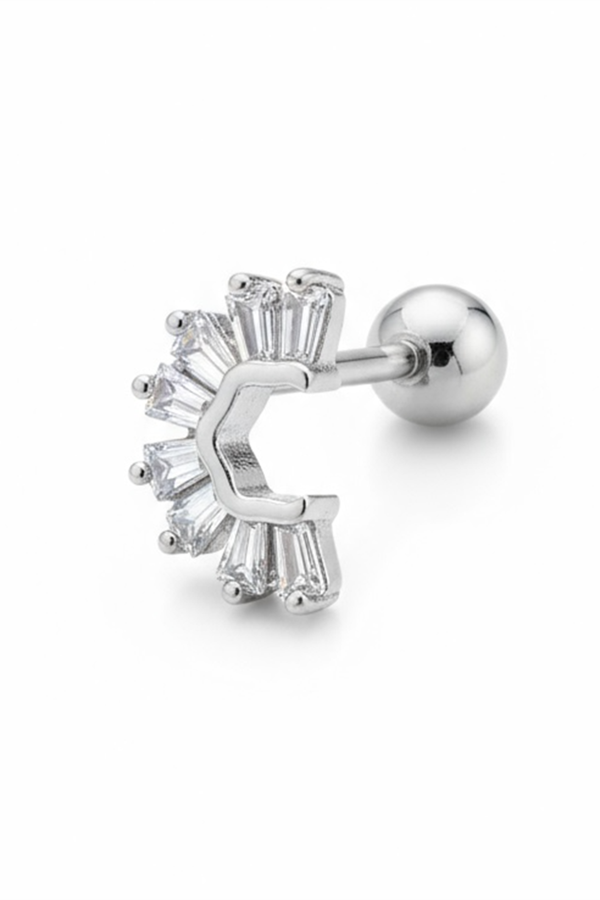Gümüş Renk Taşlı Cerrahi Çelik Tragus/Kıkırdak Küpe/Piercing (Tek)
