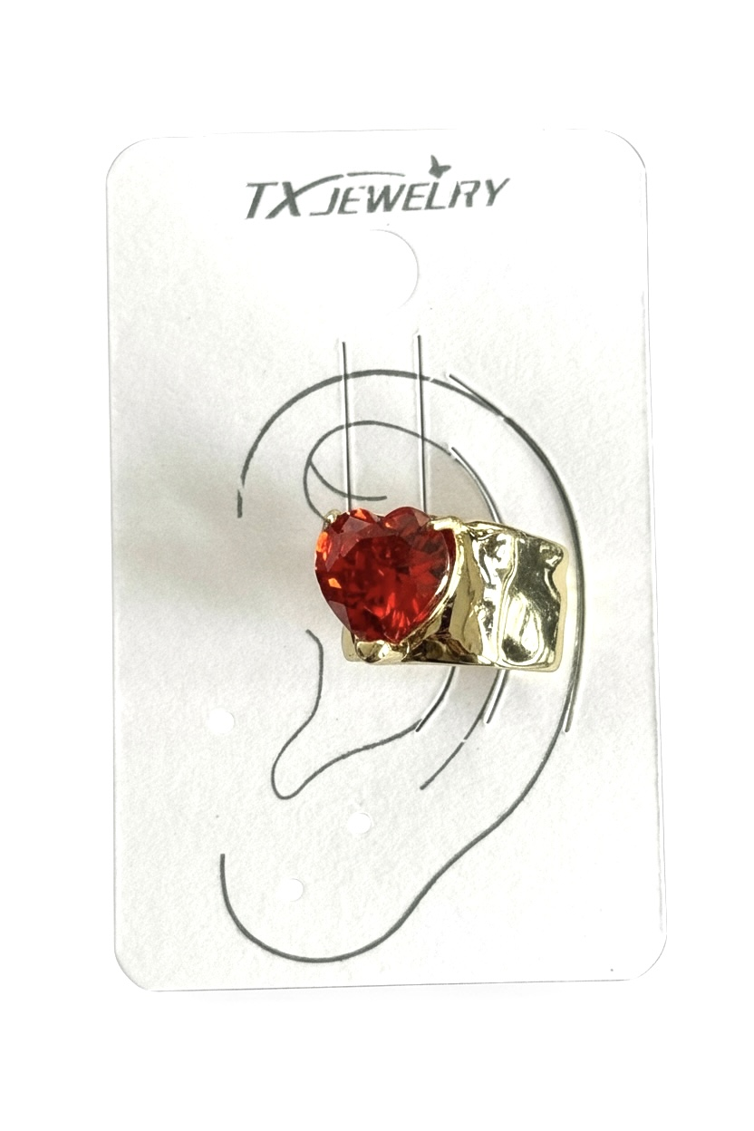 Altın Renk Kalp Figürlü Kırmızı Taş Detaylı 14K Altın Kaplama Ear Cuff (Tek)