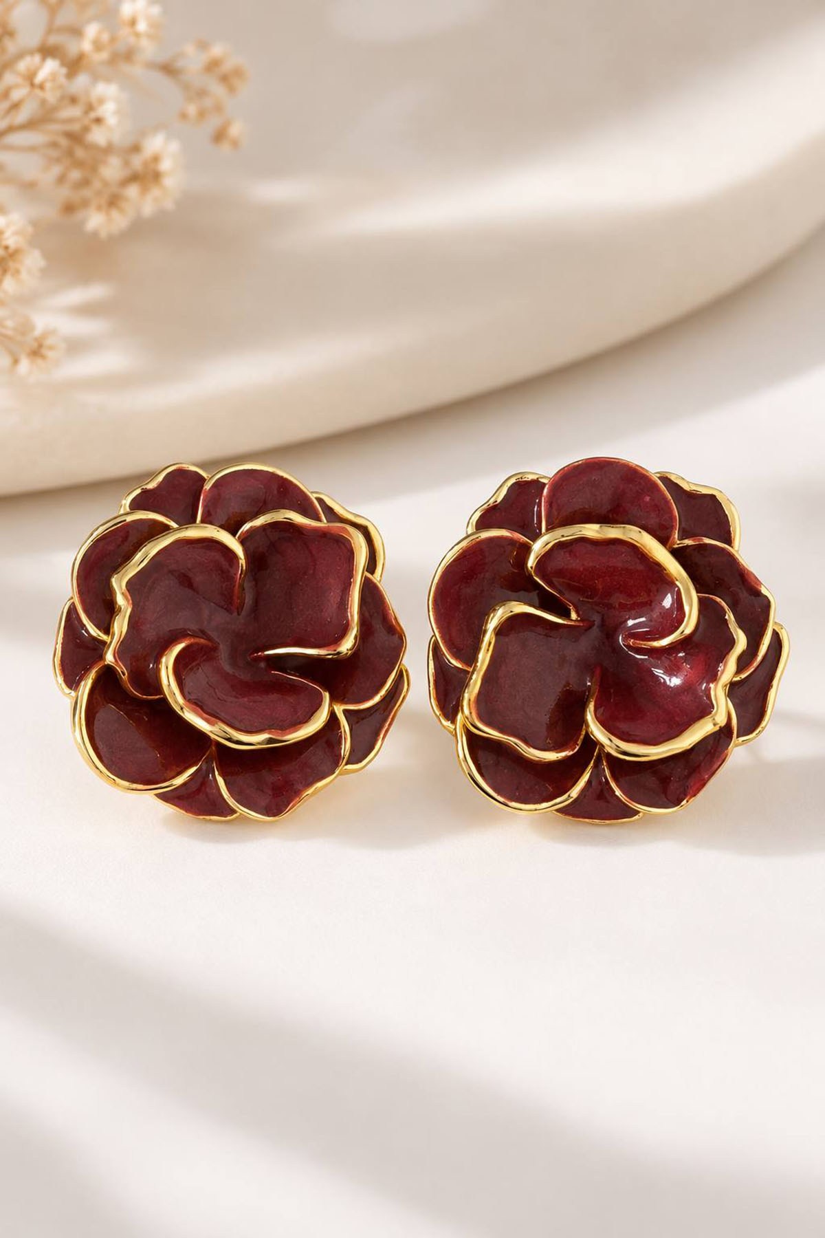 Bordo Renk Çiçek Figürlü Küpe (Çift)