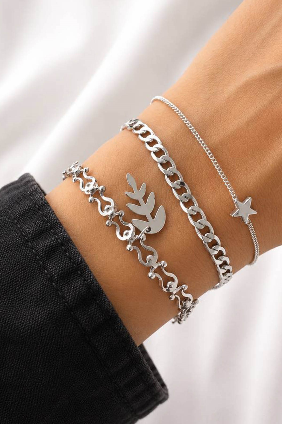 Gümüş  Renk  Zincir Detaylı 3lü Bileklik Set