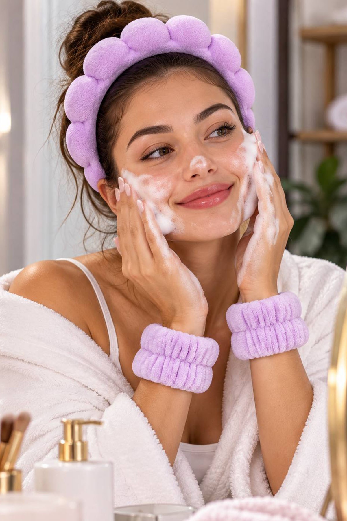 Mor Renk Spa Taç Ve Peluş Su Emici Havlu Bileklik Set