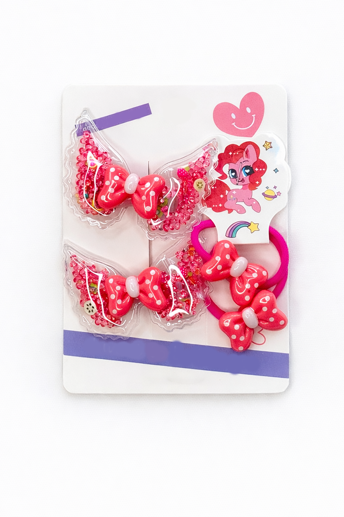 Pembe Renk Kurdele Figürlü Lastik Toka Ve Yan Toka Set