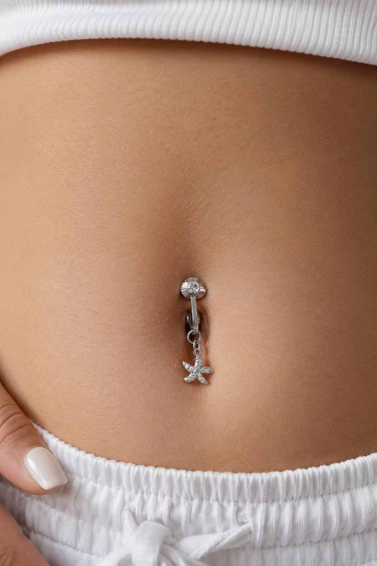 Gümüş Renk Yıldız Figürlü Taşlı Delik Gerektirmeyen Cerrahi Çelik Göbek Piercing