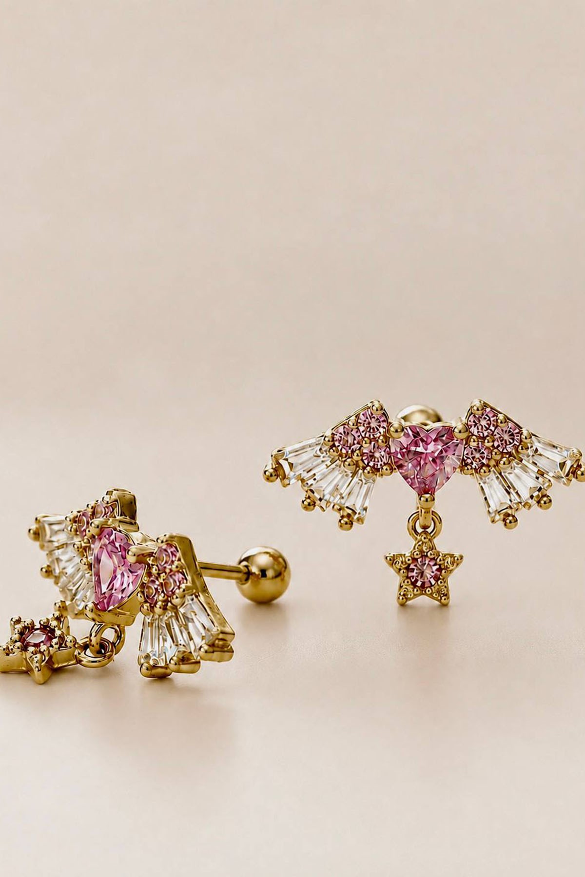 2li Altın Renk Kalp Ve Yıldız Figürlü Taş Detaylı Tx Tragus/Kıkırdak Küpe/Piercing 