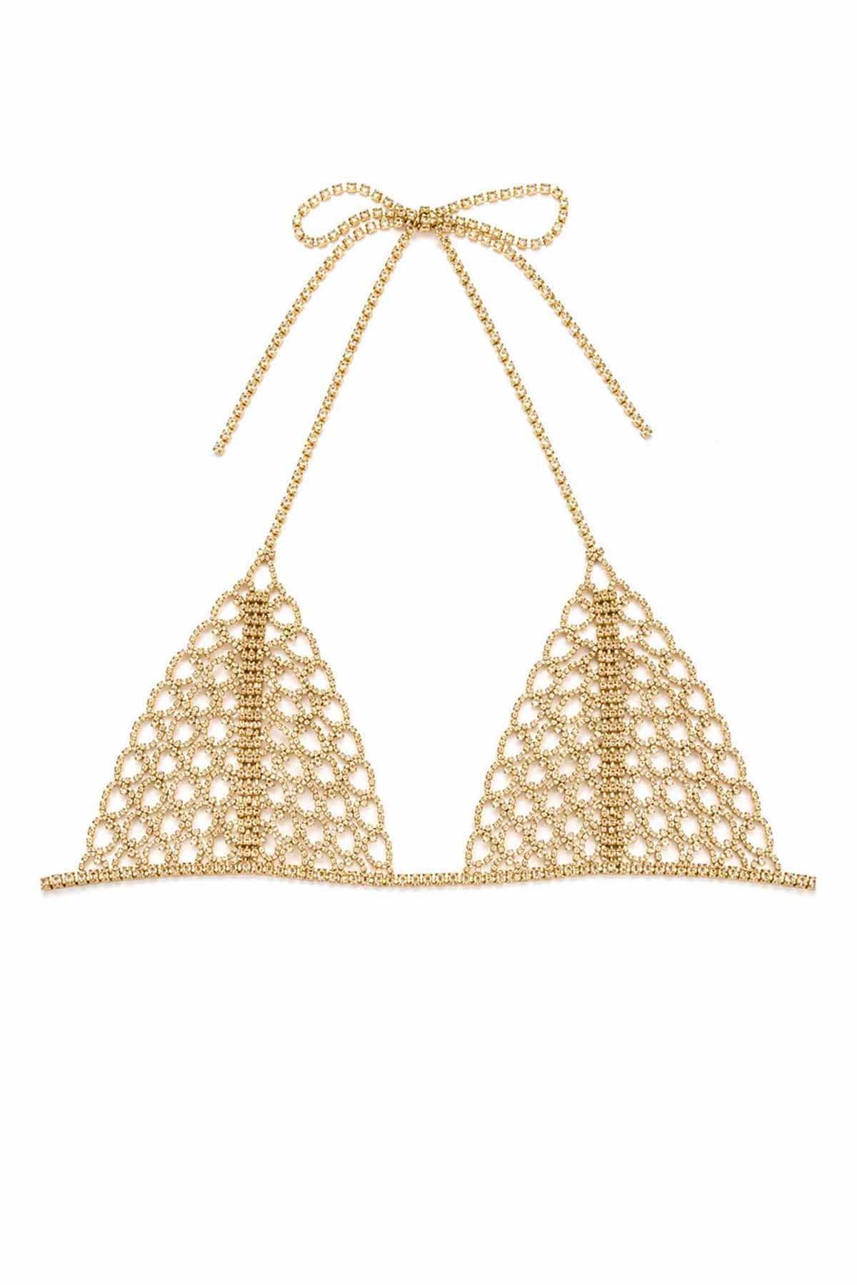 Altın Renk Taş Detaylı Bikini Üstü /Bralet /Vücut Aksesuarı