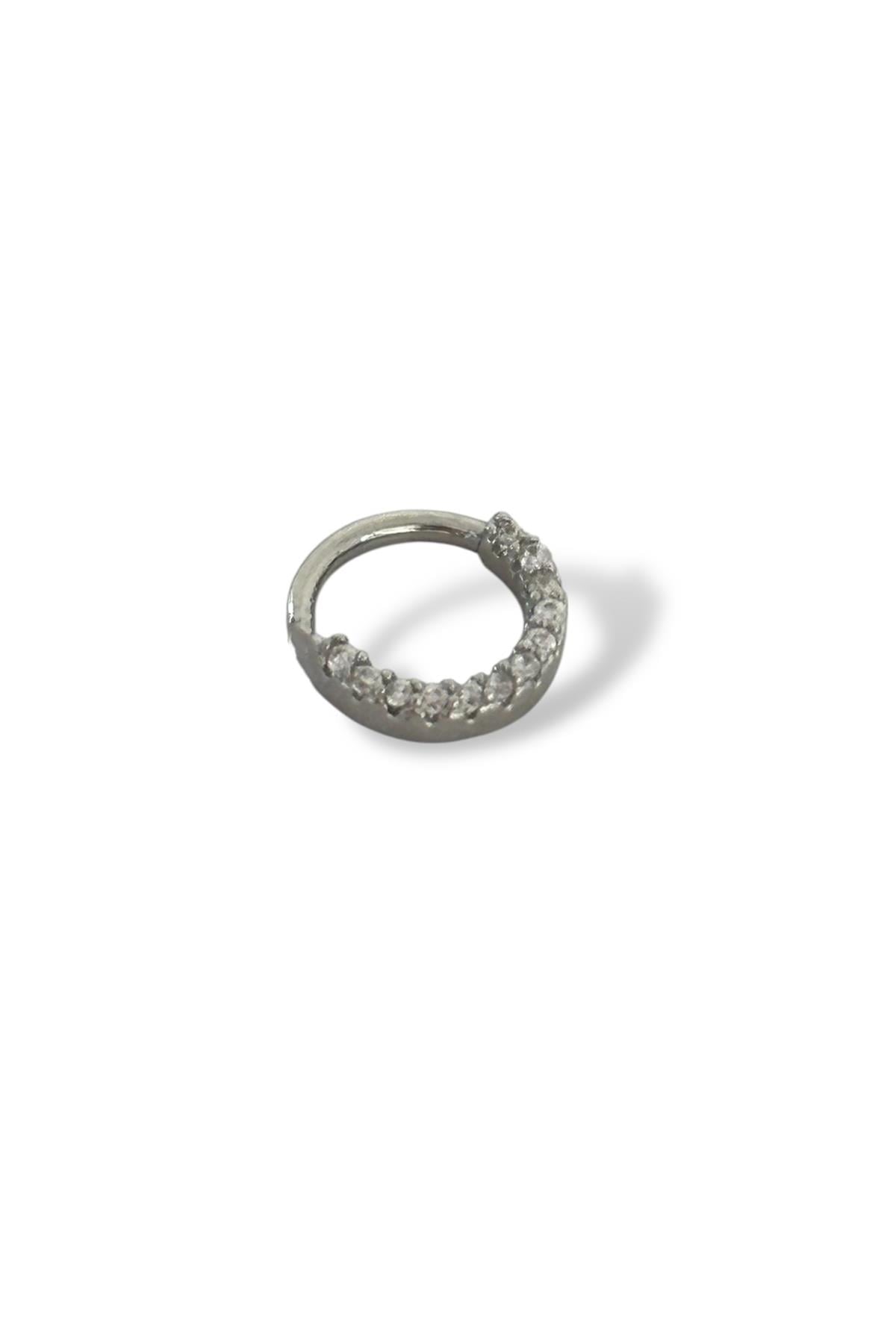 Gümüş Renk Taş Detaylı Çelik Halka Tragus/Kıkırdak Küpe/Piercing (Tek)