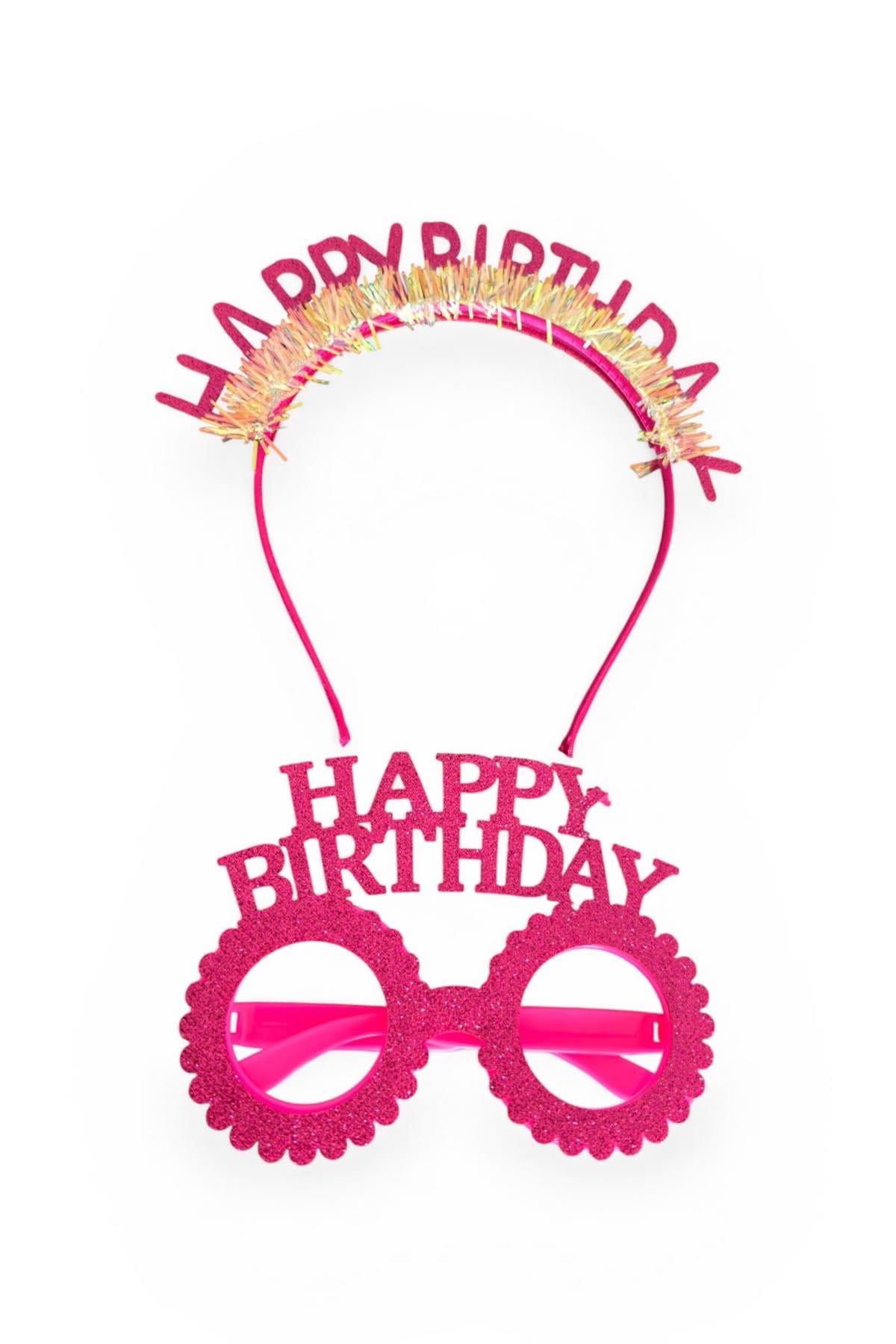Pembe Renk Happy Birthday Yazılı Gözlük Ve Taç