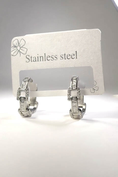 Gümüş Renk Taş Detaylı Çelik Küpe (Çift)