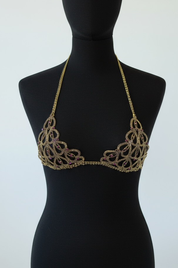 Altın Renk Mor Taşlı Bikini Üstü /Bralet /Vücut Aksesuarı