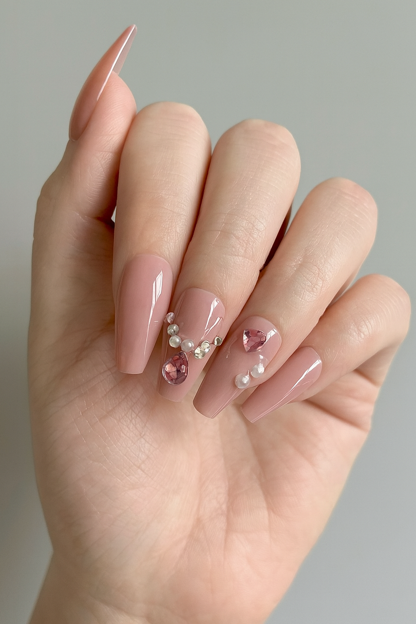 12li Pembe Renk Taş Detaylı Takma Tırnak Set (Yapıştırıcılı)