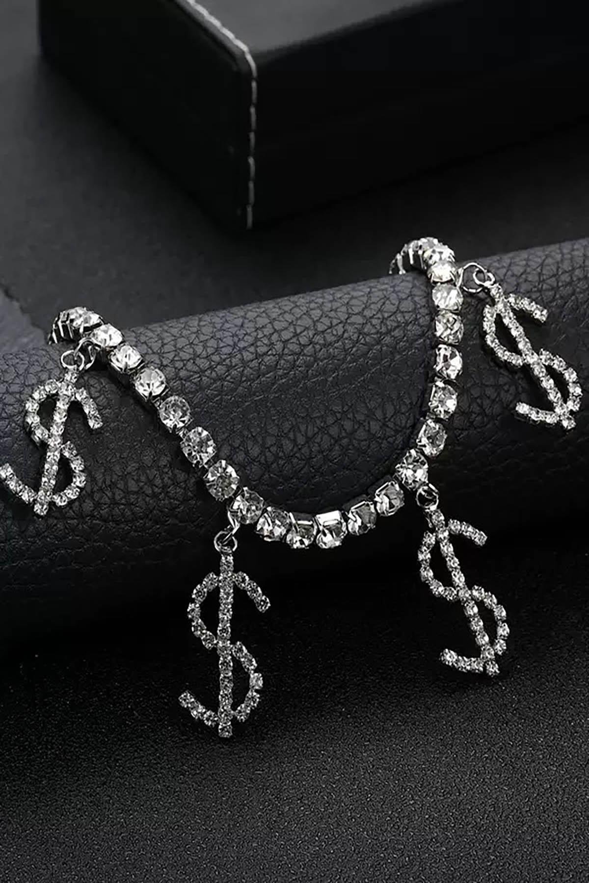 Gümüş Renk Dolar Figürlü Taş Detaylı Tasarım Halhal