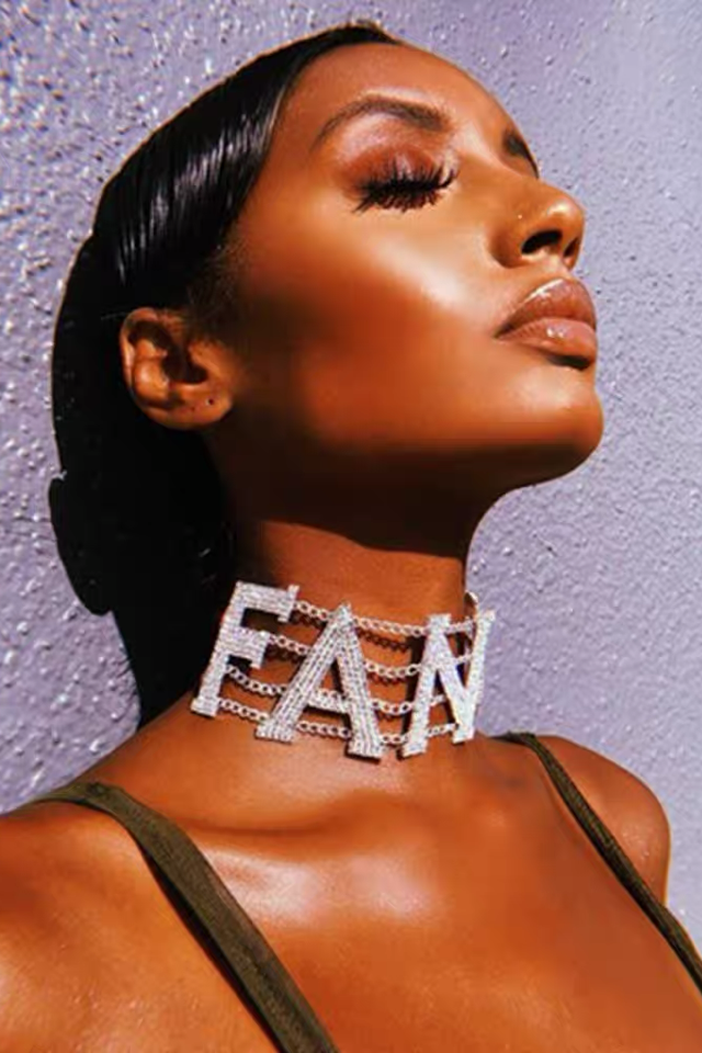 Gümüş Renk FAN Yazılı Taş Detaylı Choker Kolye