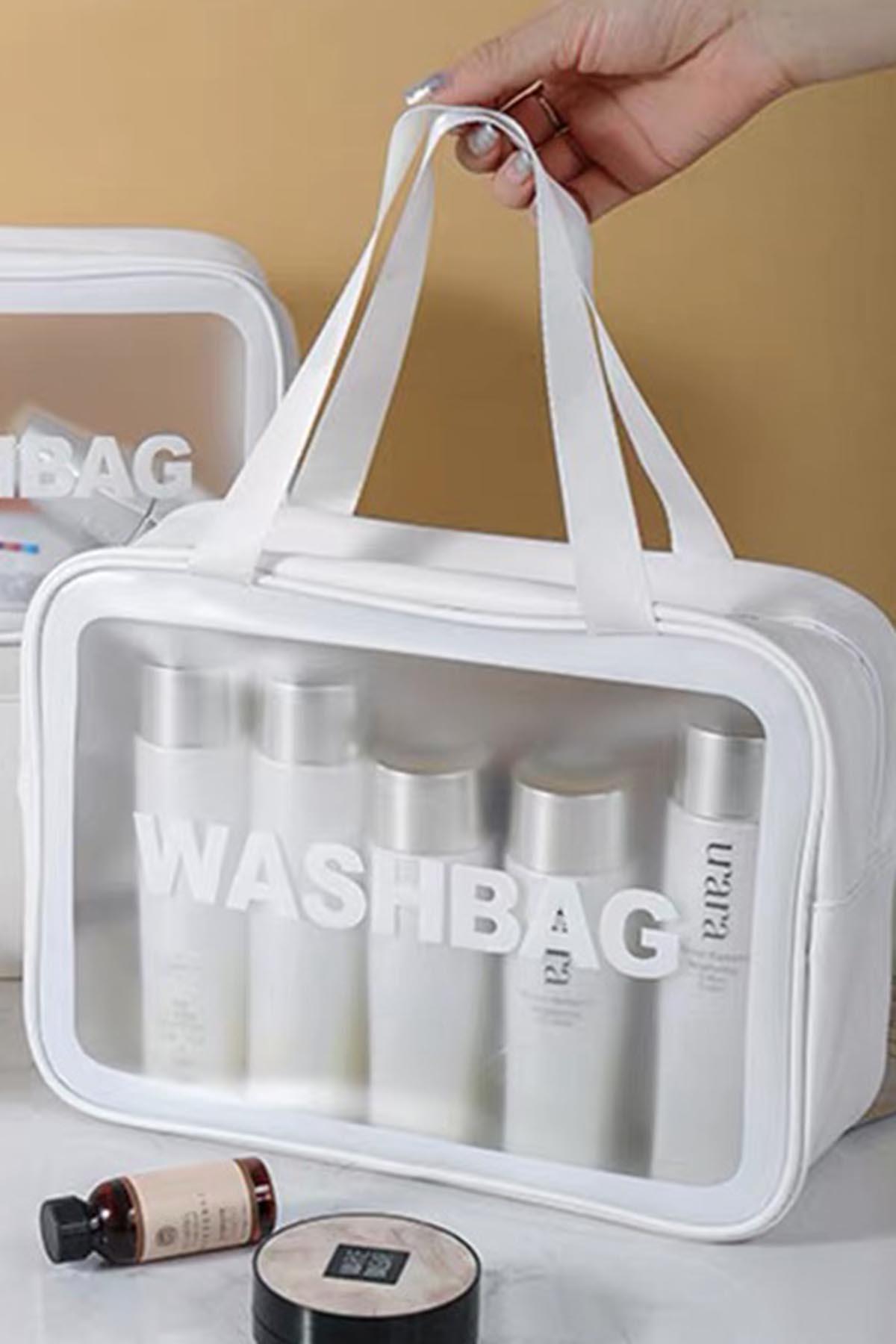 Beyaz Renk Washbag Yazılı Su Geçirmez Büyük Boy Makyaj Çantası