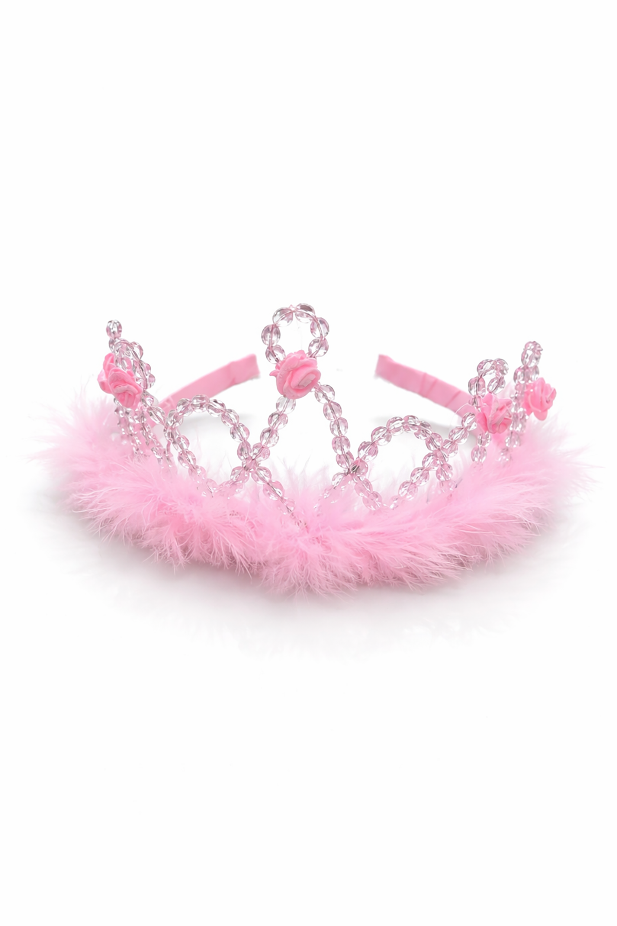 Pembe Renk Tüy Ve Boncuk Detaylı Çocuk Taç