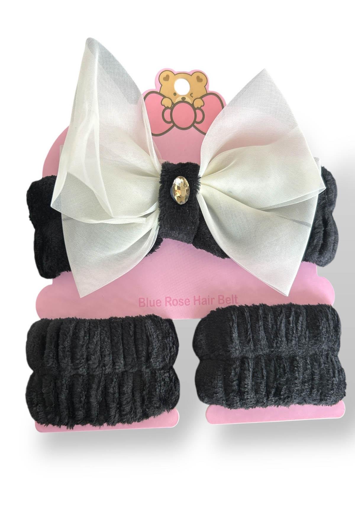 Siyah Renk Fiyonk Detaylı Su Emici Havlu Bileklik Saç Bandı 