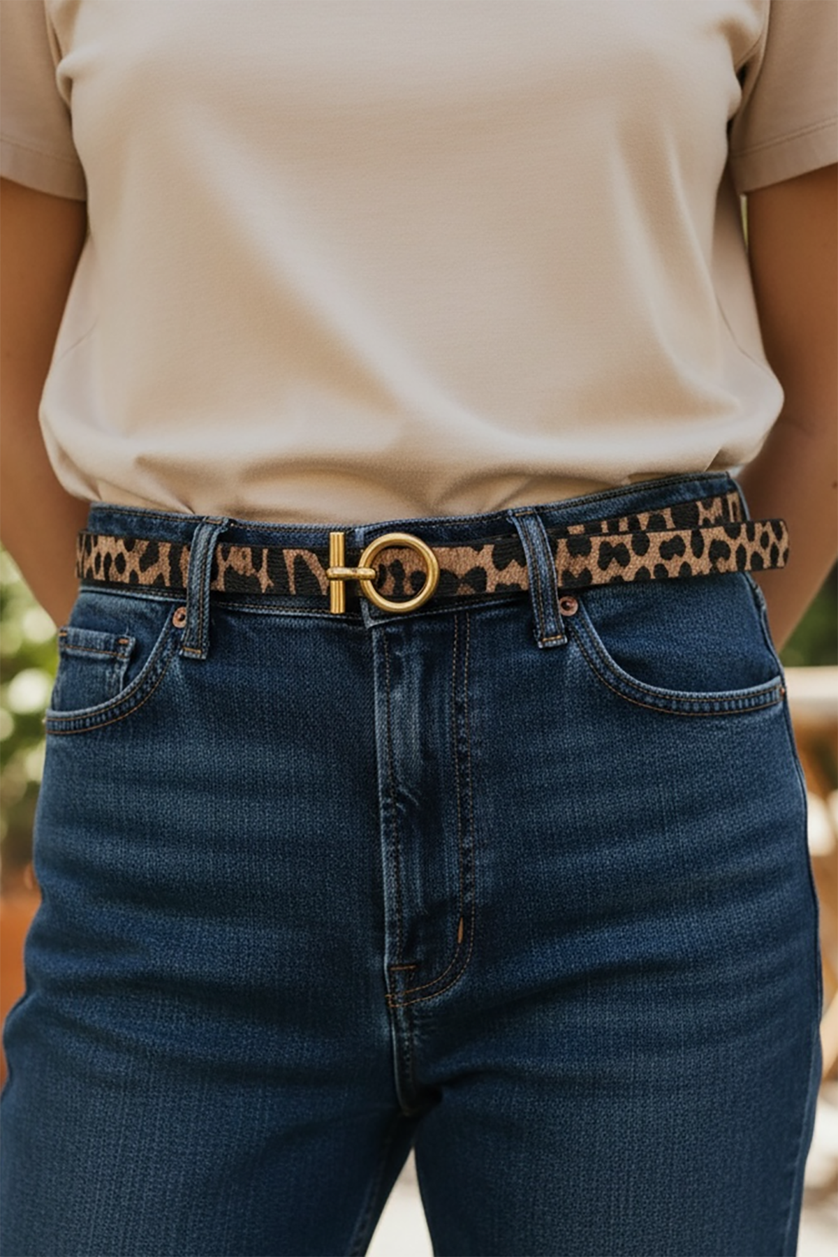 Altın Renk Leopar Desenli Kadın Deri Kemer