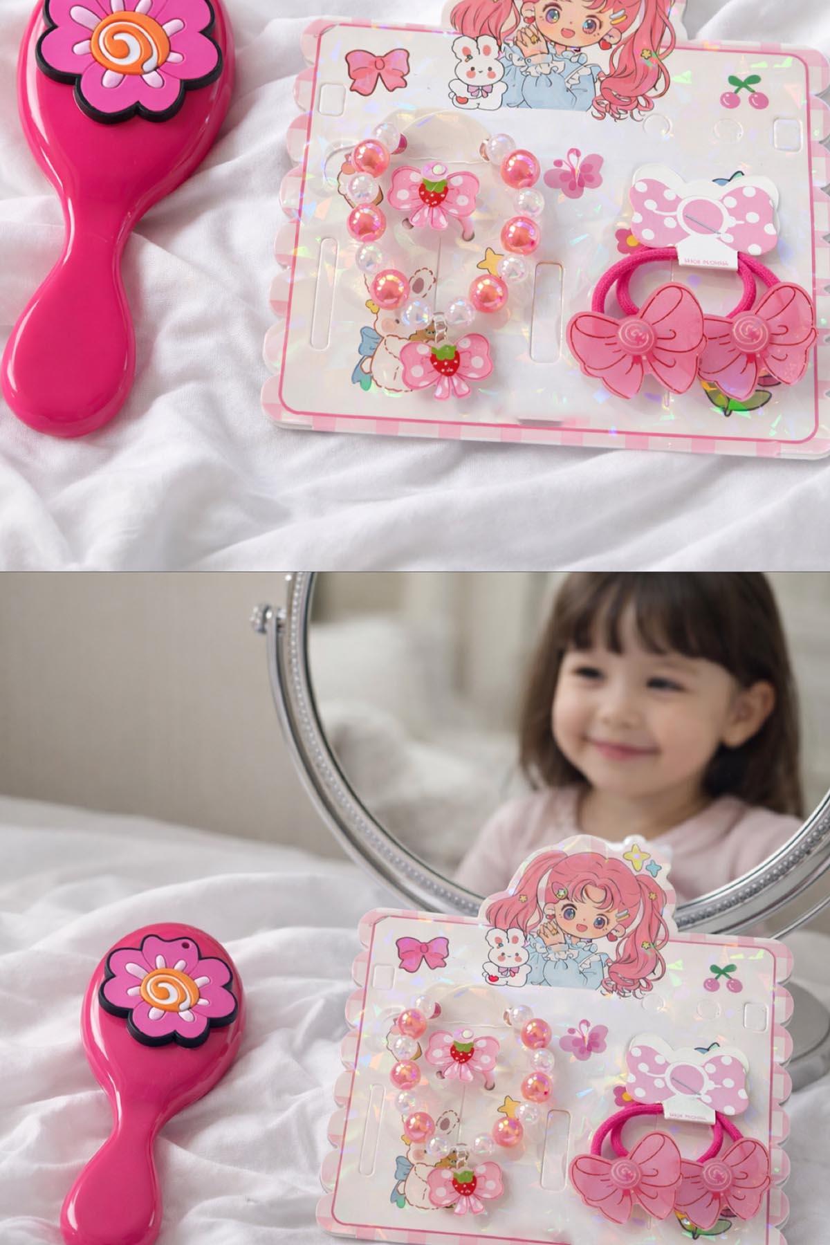 Fuşya Renk Çocuk Tarak,Bileklik,Yüzük Ve Toka Set