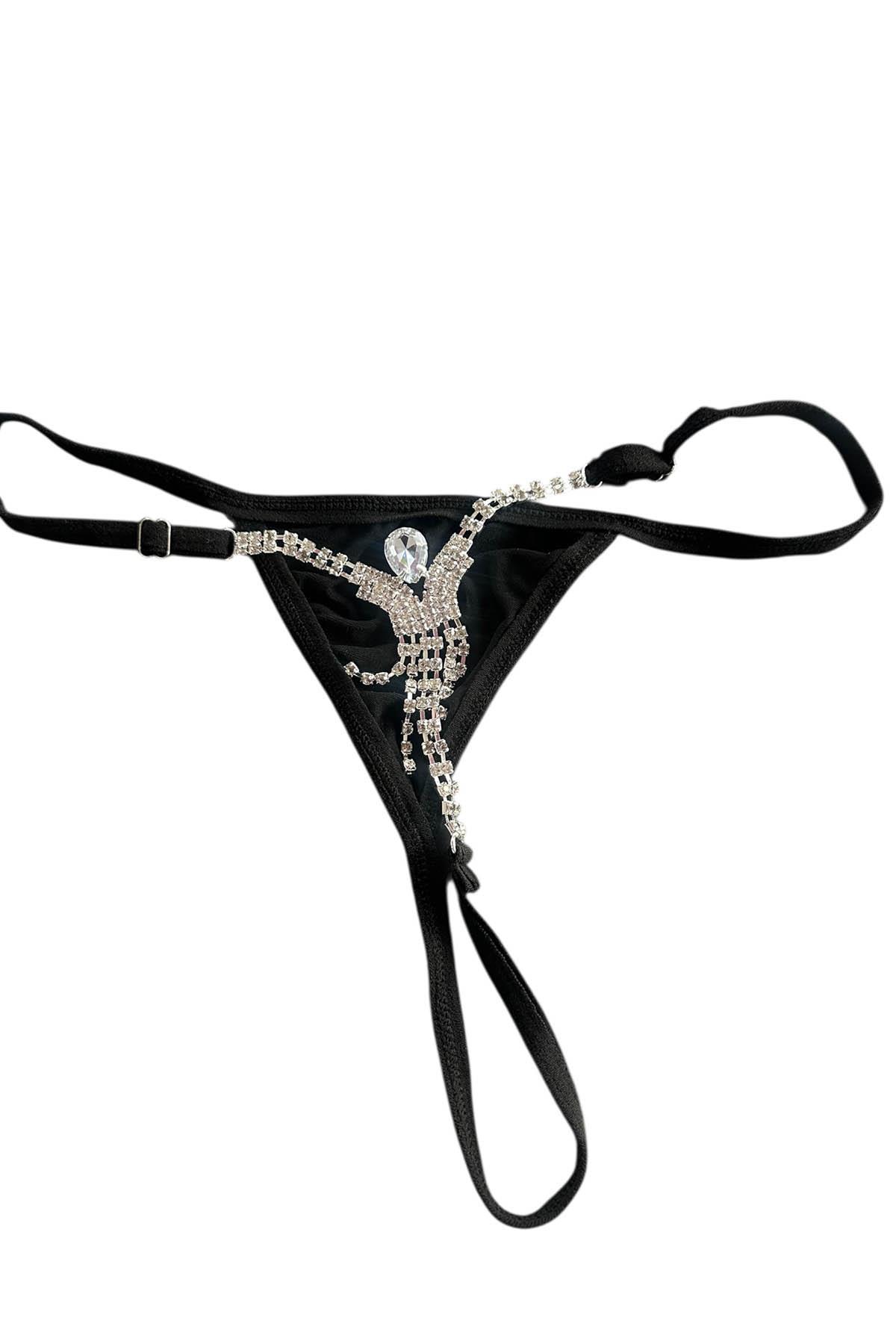 Siyah Renk Taş Detaylı Tanga