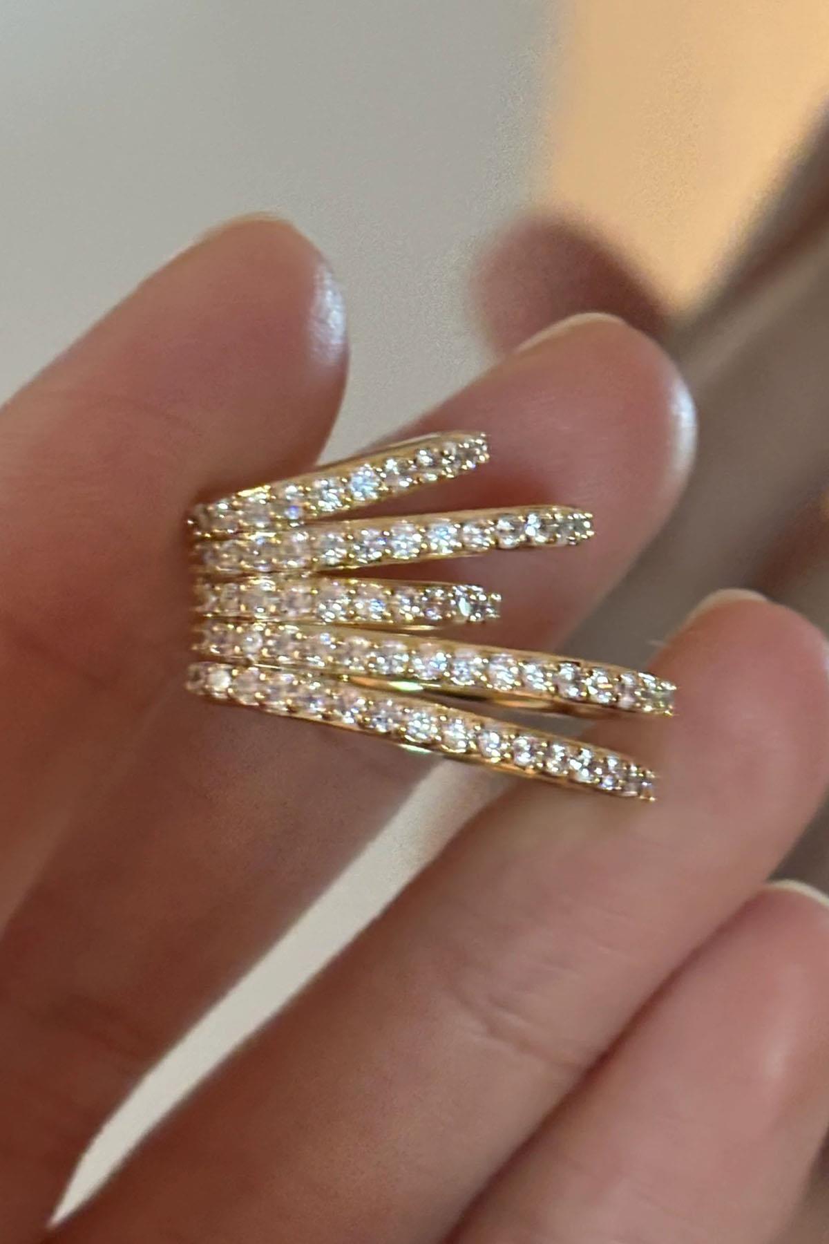 Altın Renk Taş Detaylı 14K Altın Kaplama TX Ear Cuff (Tek)