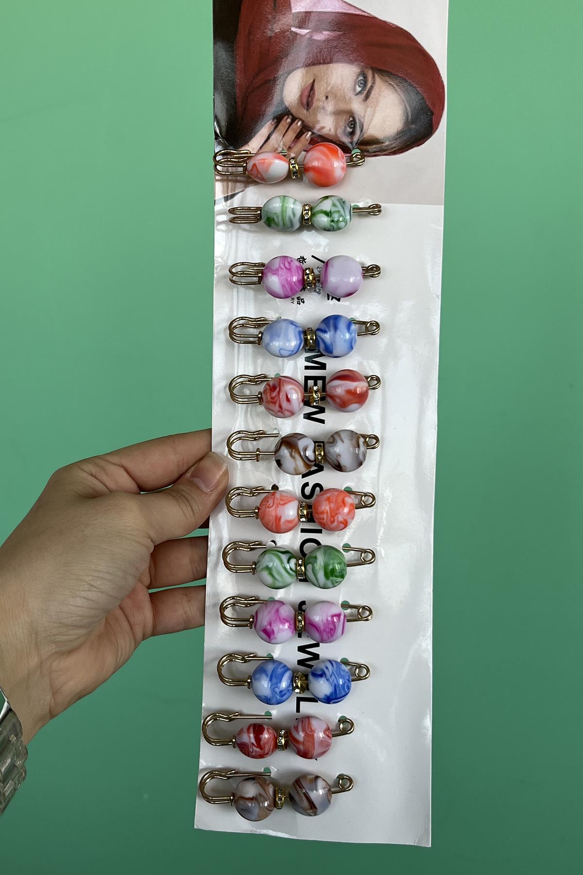 12li Altın Renk İnci Detaylı Eşarp İğnesi /Broş