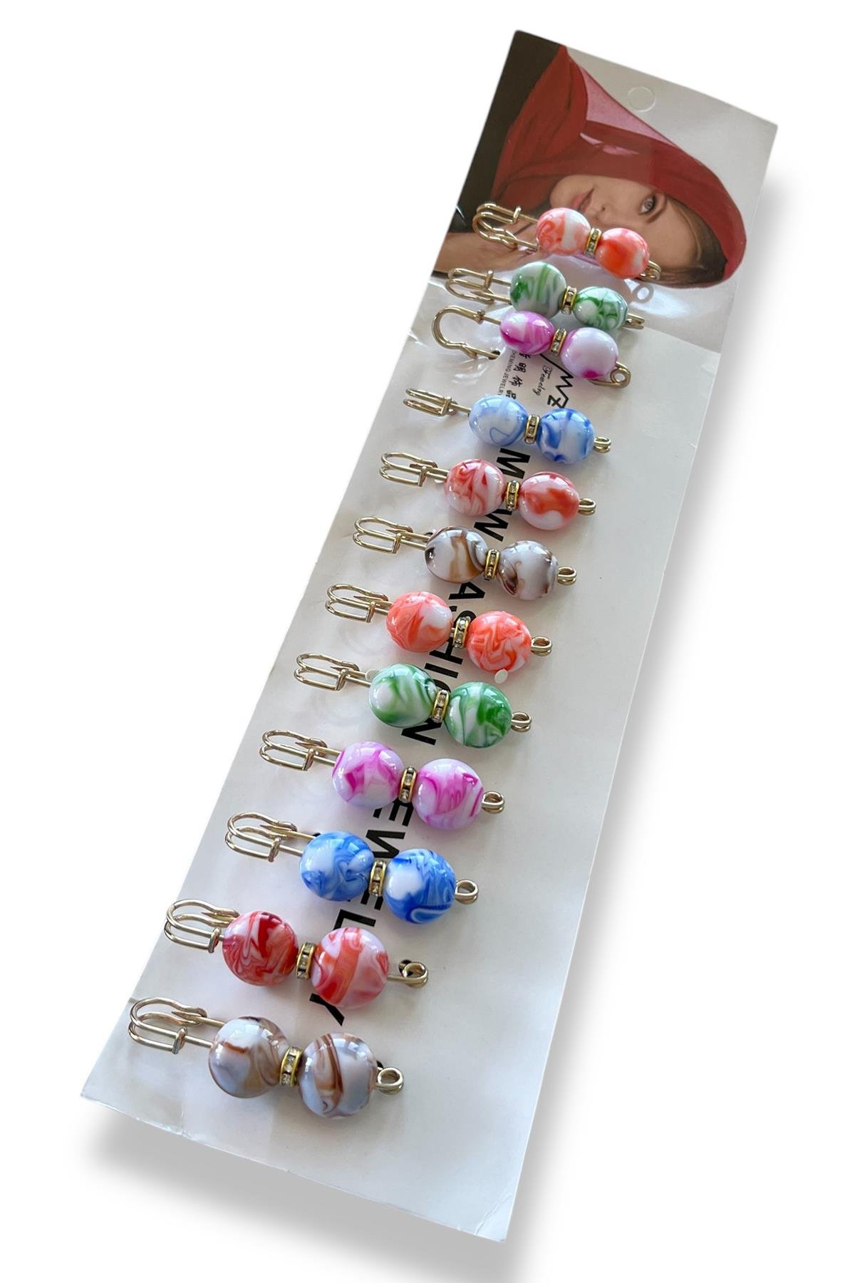 12li Altın Renk İnci Detaylı Eşarp İğnesi /Broş