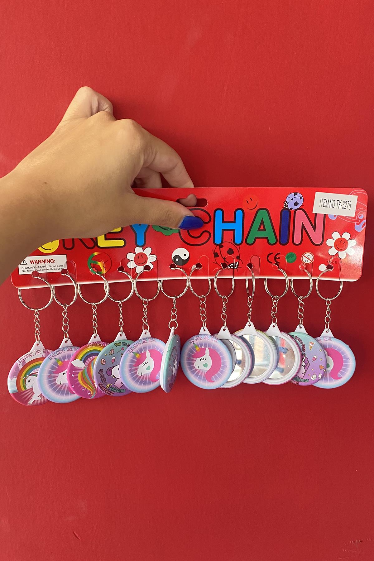 12li Karışık Renk Unicorn Figürlü Ayna Detaylı Anahtarlık Set