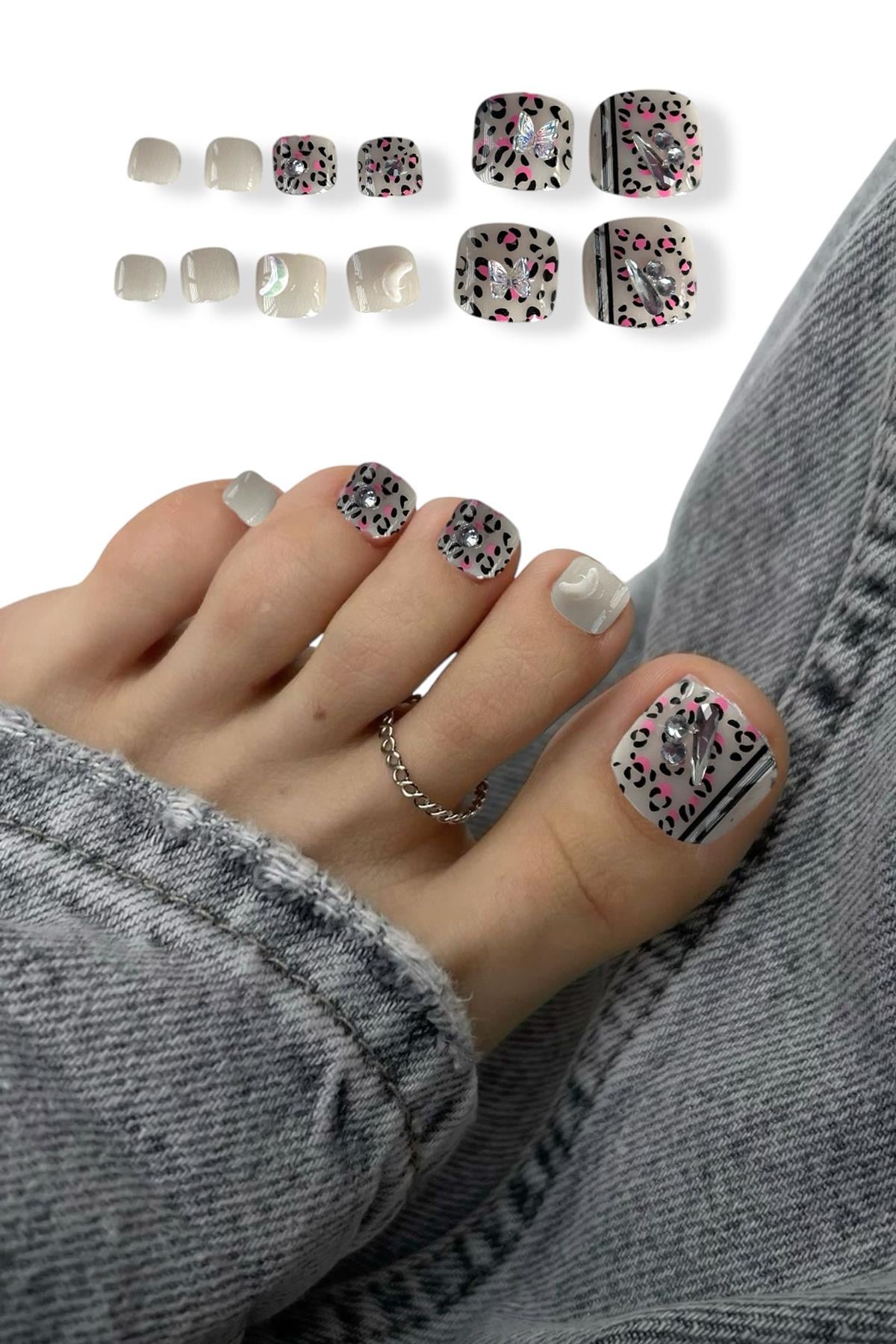 12li Leopar Figürlü Kelebek Figürlü Ayak Takma Tırnak Set