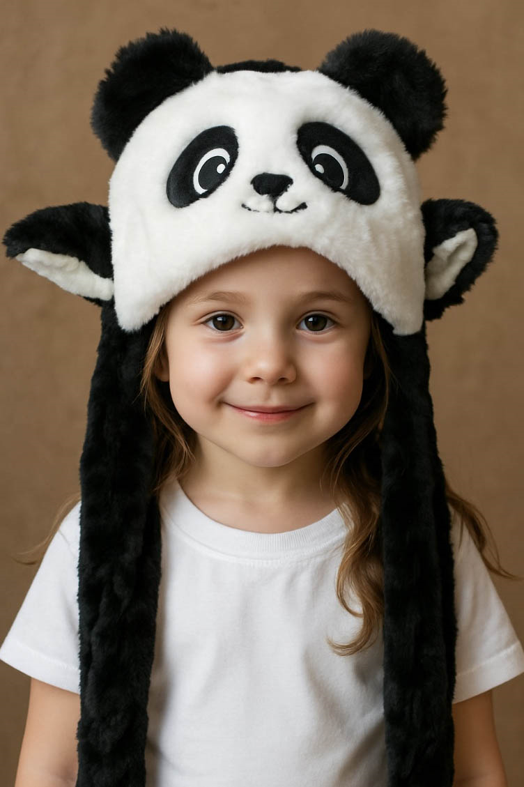 Siyah Ve Beyaz Renk Panda Figürlü Peluş Şapka