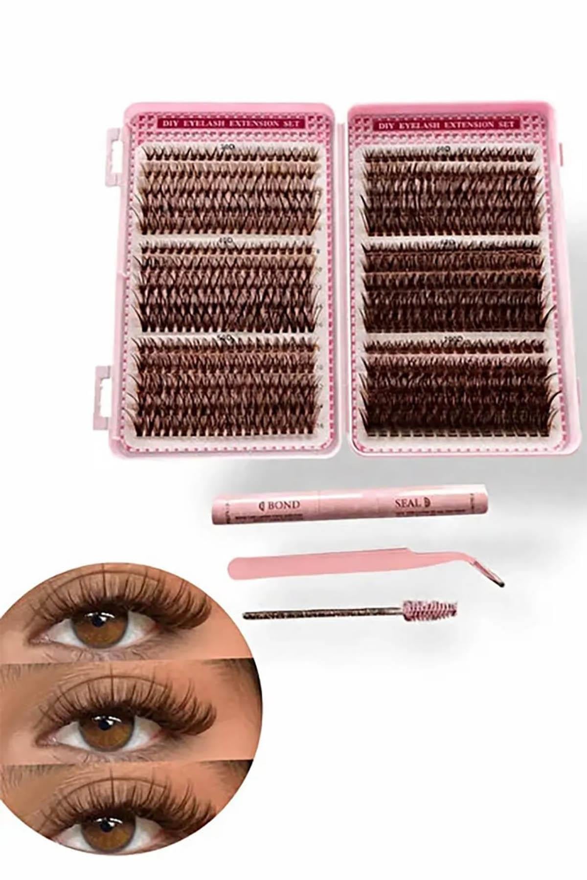 Kahve Renk Yapıştırıcılı / Tutma Aparatlı Doğal Görünümlü İpek Kirpik Set
