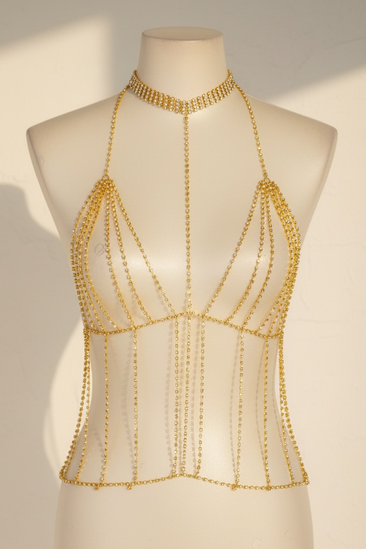 Altın Renk Taşlı Bikini Üstü /Bralet /Vücut Aksesuarı