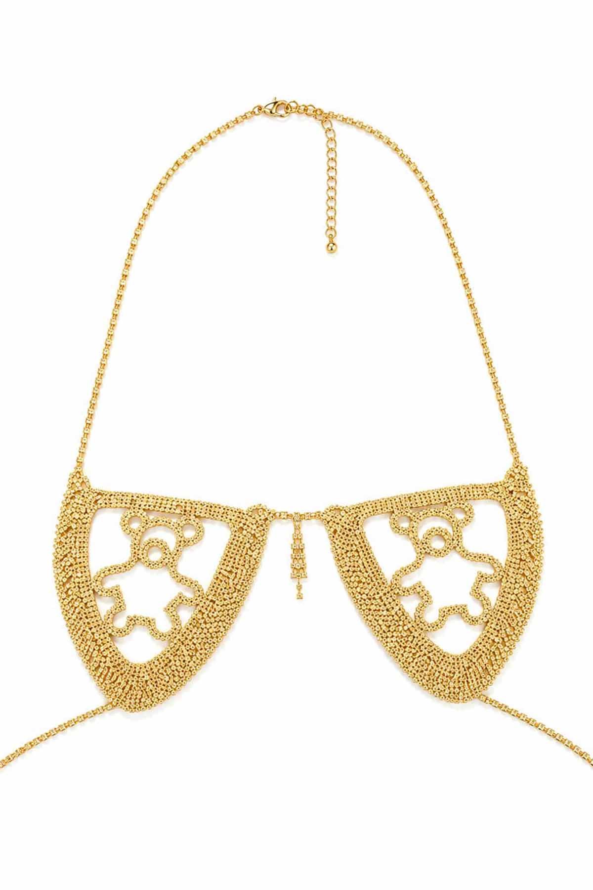 Altın Renk Ayıcık Figürlü Taş Detaylı Bikini Üstü /Bralet /Vücut Aksesuarı