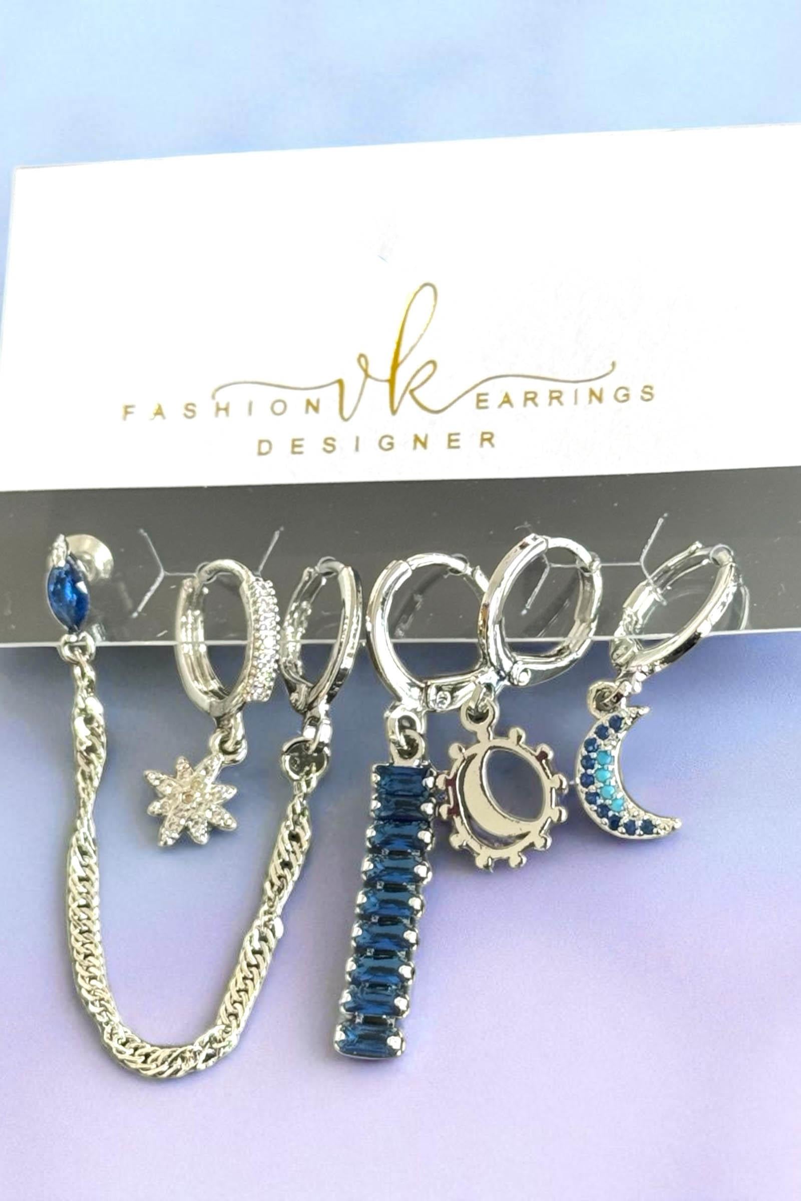 6lı Gümüş Renk Taş Detaylı Küpe Set